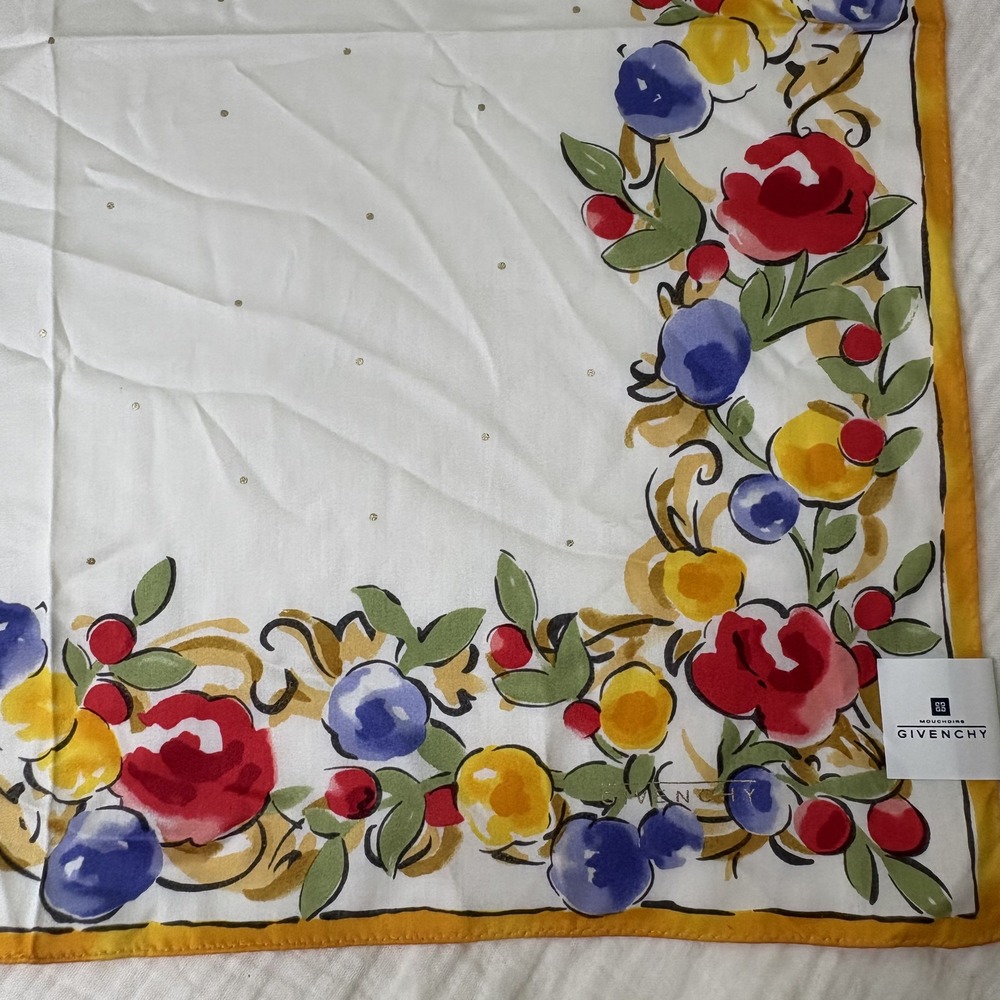 Givenchy Scarf Handkerchief Floral Border Cotton White Red Blue Logo 19"
